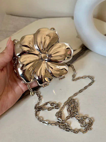 Viral Flower Metallic Clutch with Chain