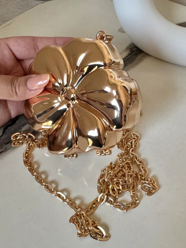 Viral Flower Metallic Clutch with Chain