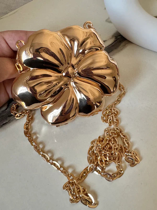Viral Flower Metallic Clutch with Chain