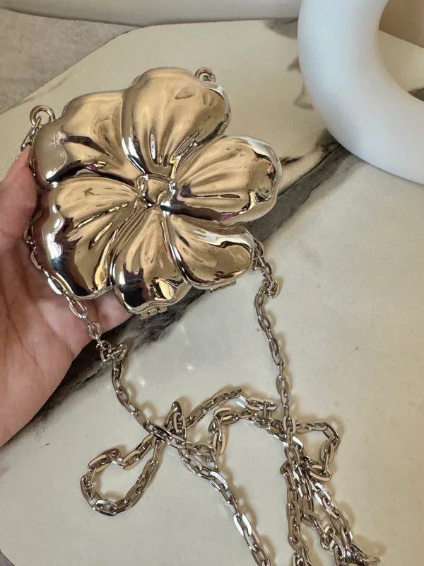 Viral Flower Metallic Clutch with Chain