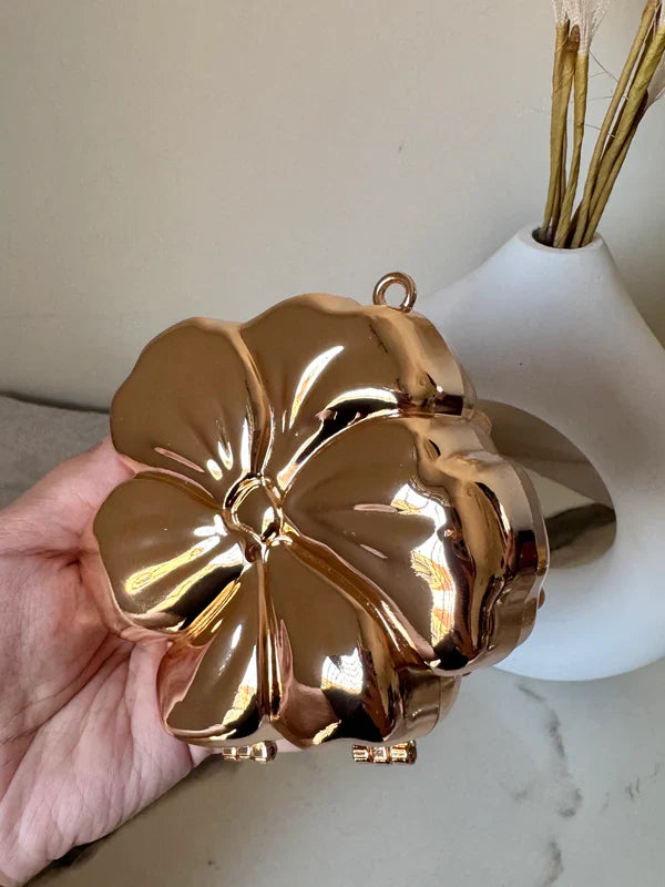 Viral Flower Metallic Clutch with Chain
