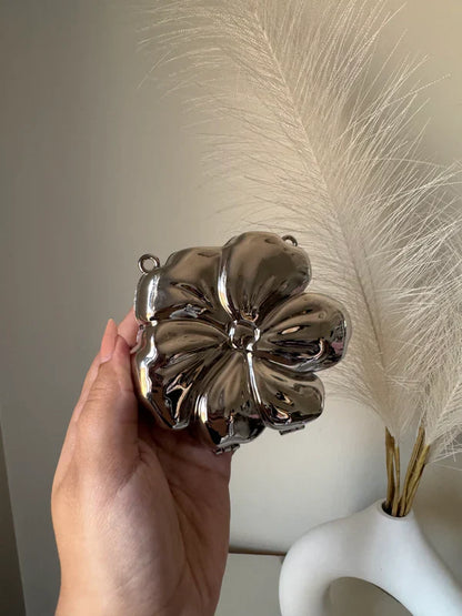 Viral Flower Metallic Clutch with Chain