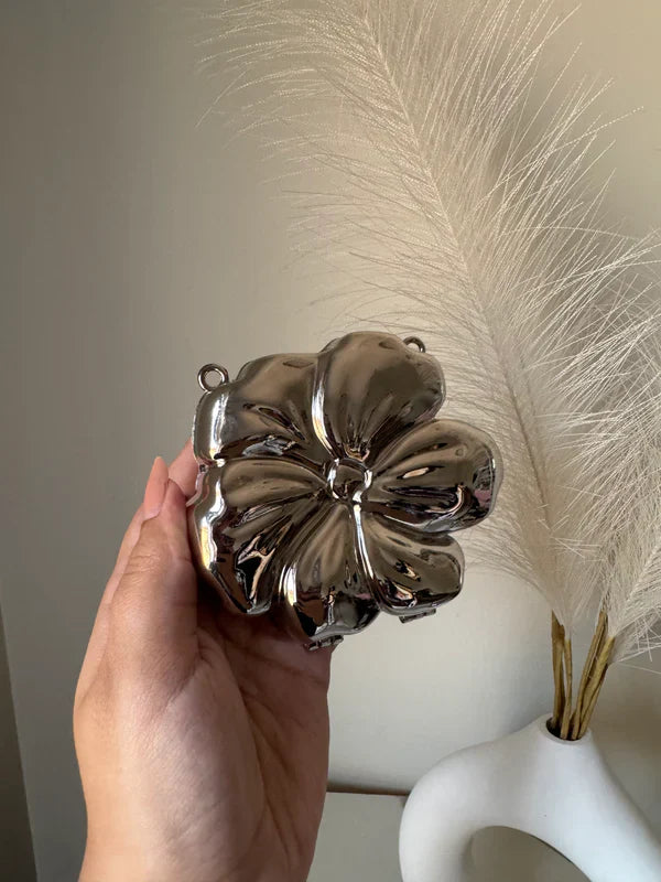 Viral Flower Metallic Clutch with Chain
